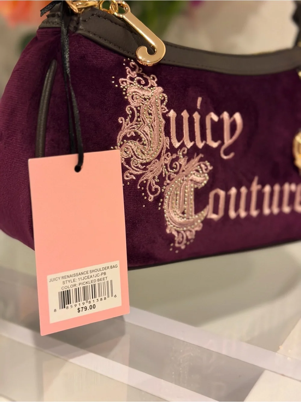 Juicy Couture Renaissance pickled beet purple gothic logo velour satchel Charm